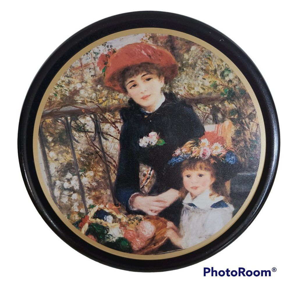 Vintage Tin Victorian Old England Mother and Child Flower Basket Floral Hat Nice